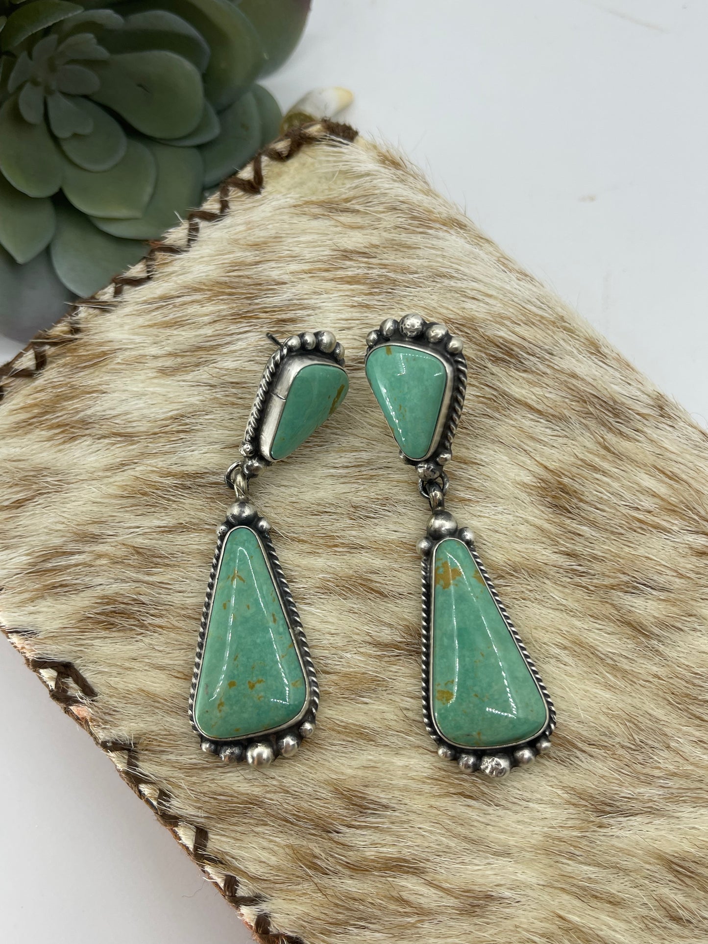 Kingman Turquoise Post Dangle Earrings by Elouise Kee, Navajo