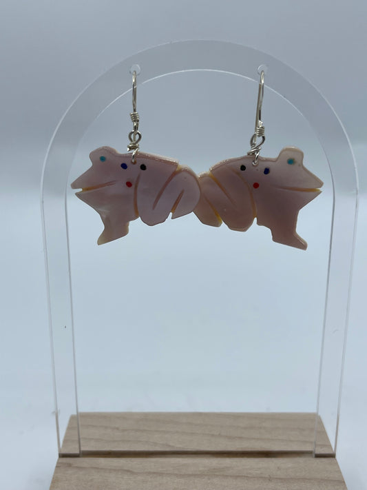 Carved Mother of Pearl Frog Dangle Earrings by Danny Lonjose, Zuni