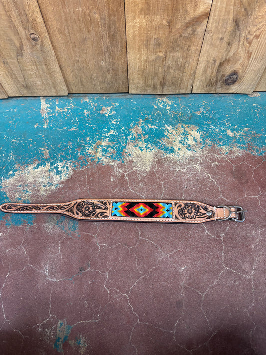 Medium Diamond Beaded Leather Tooled Dog Collar