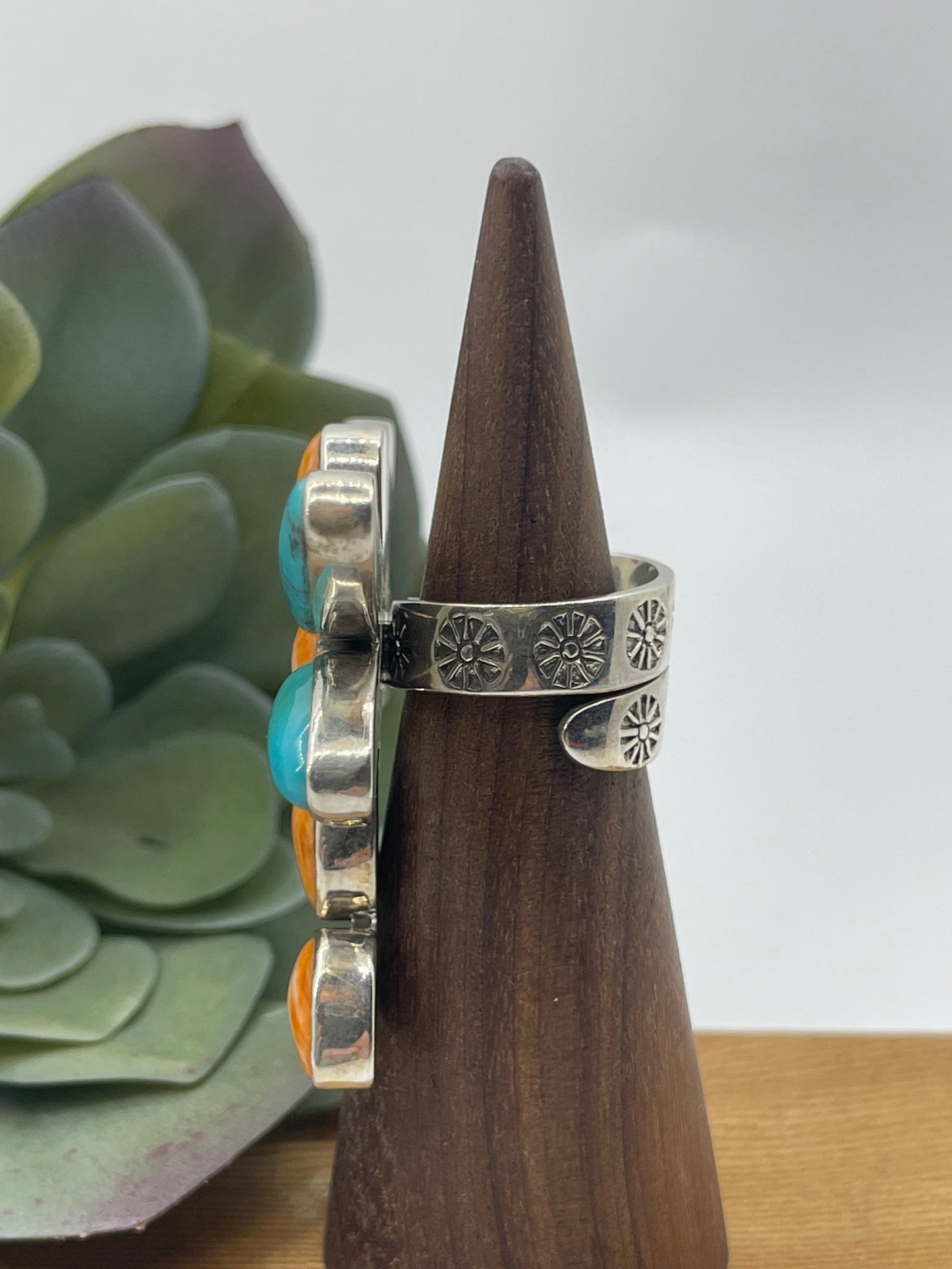 Adjustable Turquoise and Orange Spiny Oyster Shell Dragonfly Ring