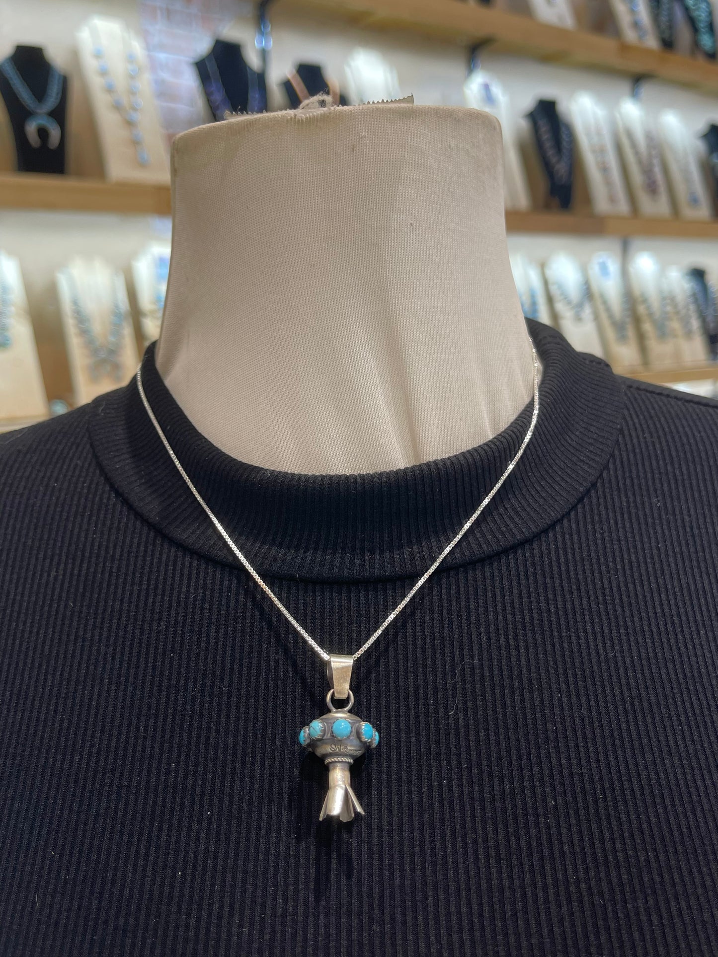 20" Handmade Blossom Pendant and Turquoise Necklace by Monica Smith, Navajo