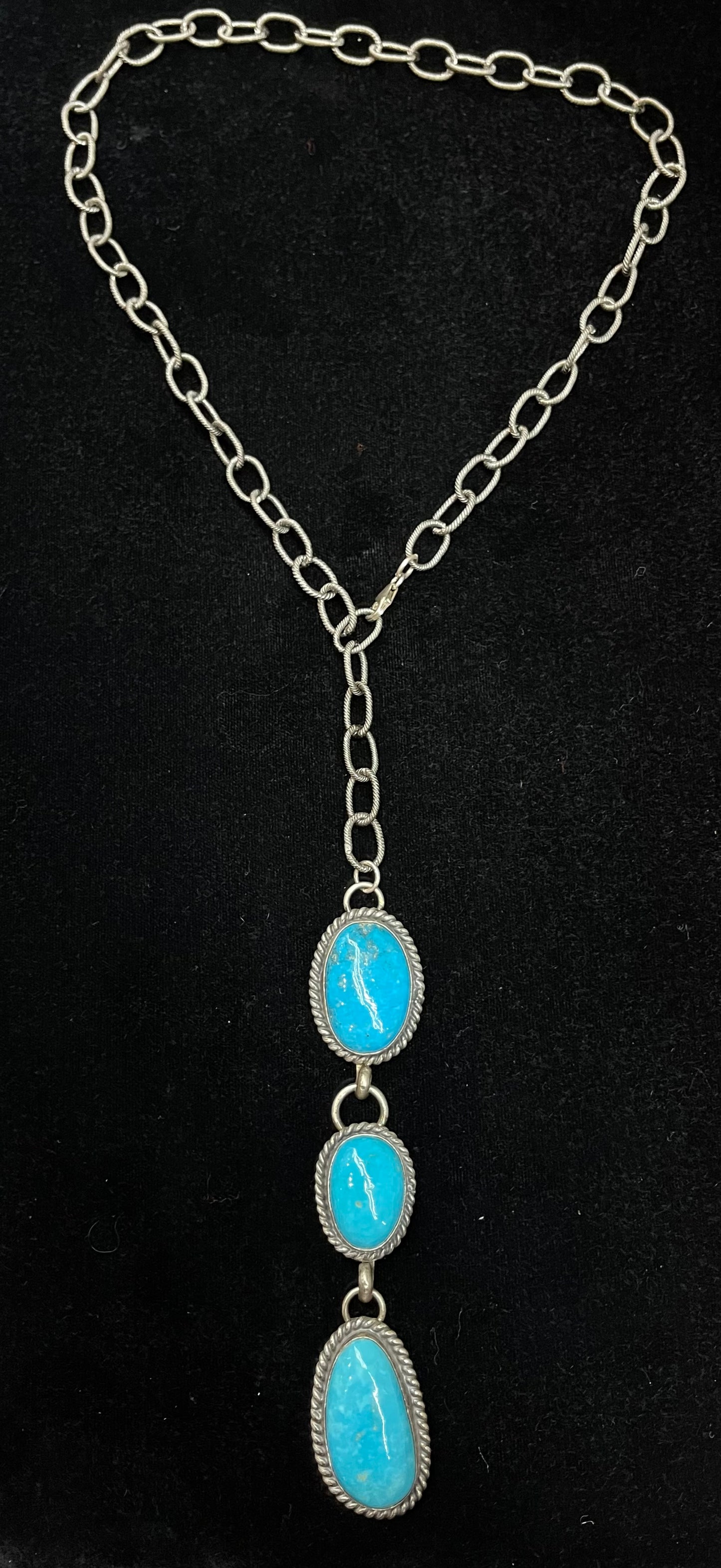 24” Kingman Turquoise Three Stone Lariat by Delbert Secatero, Navajo