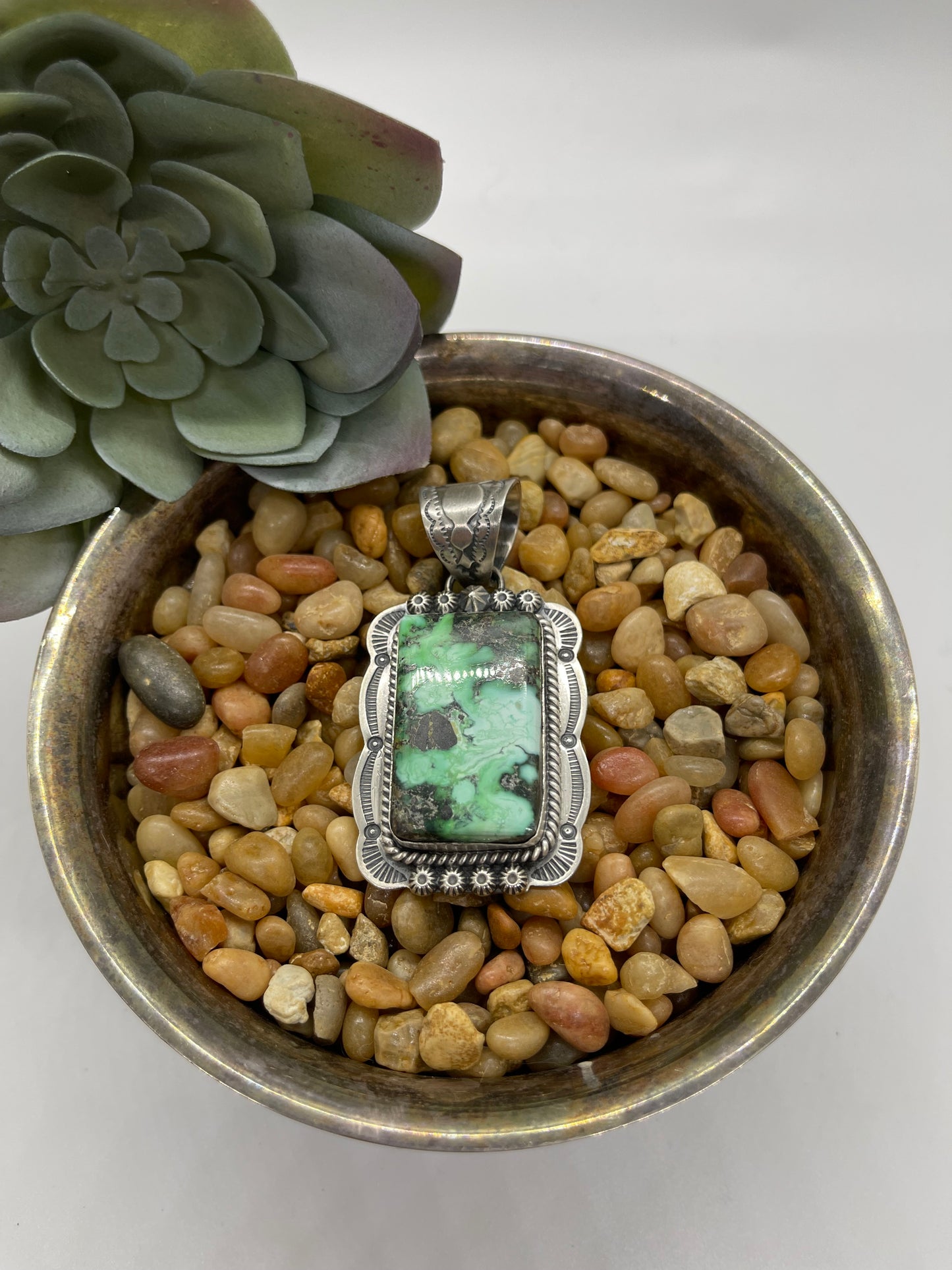 Emerald Rose Turquoise Rectangle Pendant with a 11.3mm Bale by Gilbert Platero, Navajo
