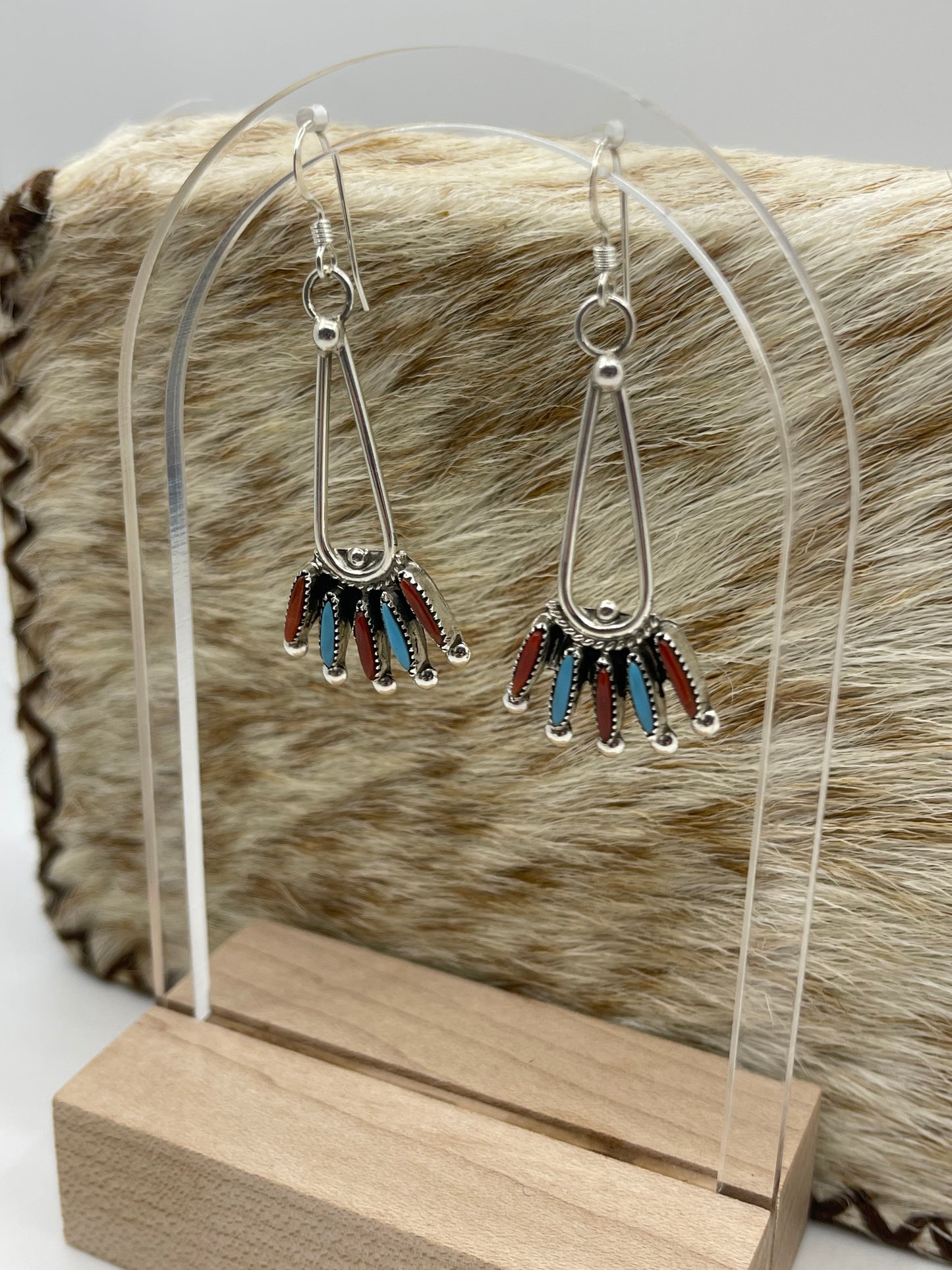 Turquoise and Coral Needlepoint Dangle Earrings by Gerald Etsate, Zuni