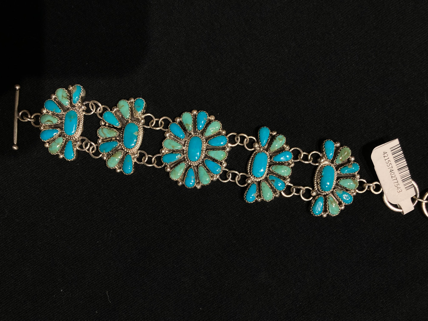 6"-7 1/2" Turquoise Cluster Link Bracelet by Alicia Wilson, Navajo