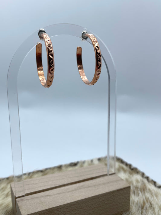 Stamped Copper Hoop Earrings by Elaine Tahe, Navajo