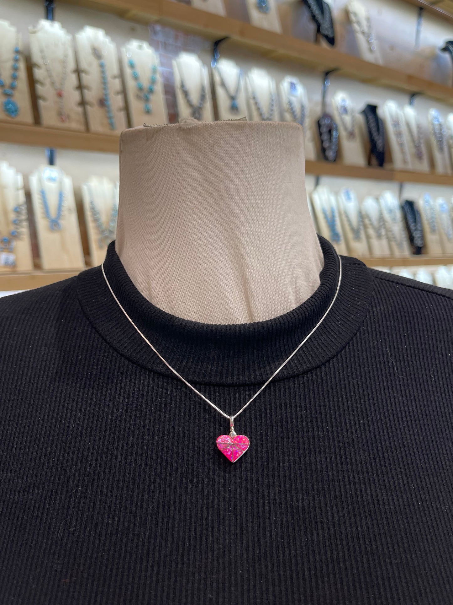 18" Chain with Hot Pink Opal Inlay Heart Pendant by Janelle Shebola, Zuni