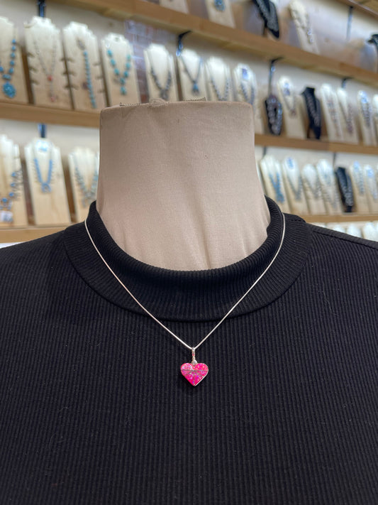 18" Chain with Hot Pink Opal Inlay Heart Pendant by Janelle Shebola, Zuni