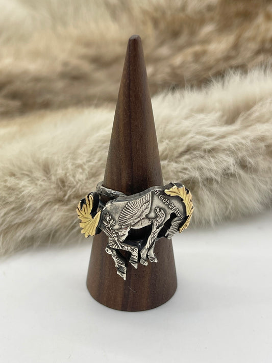 Adjustable 11.0-14.0 Bad Bronc Buckin’ Horse Ring from Silver Dollar Coin & 14K Gold Mane & Tailby Bad Bronc