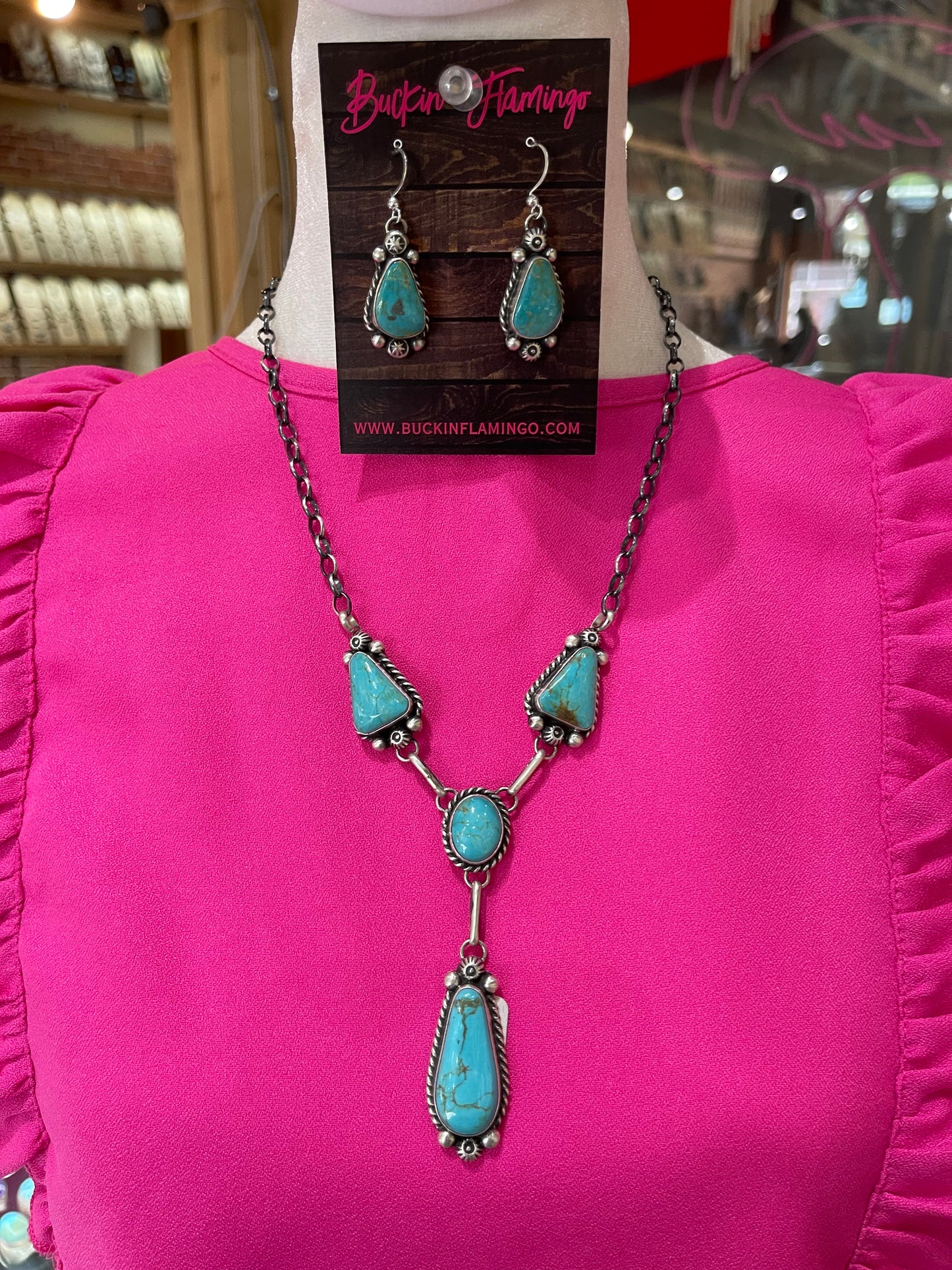 24" Turquoise Lariat Necklace and Dangle Earrings Set by Anne Spencer, Navajo