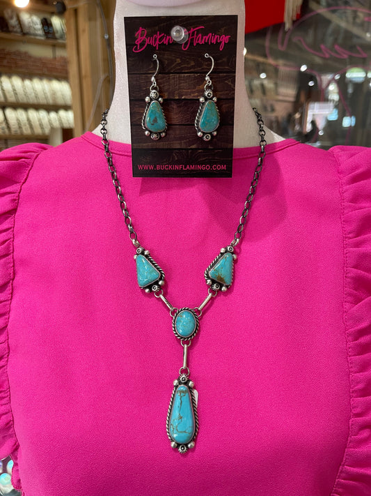 24" Turquoise Lariat Necklace and Dangle Earrings Set by Anne Spencer, Navajo