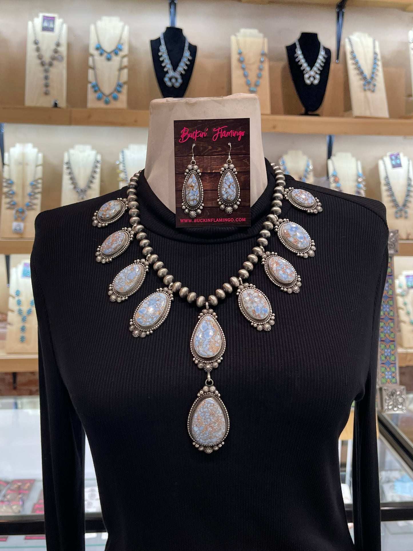 20" 9.5mm Golden Hills Turquoise Lariat Necklace & Earring Set by Tom Lewis, Navajo, Handmade Navajo Pearls 5” Drop