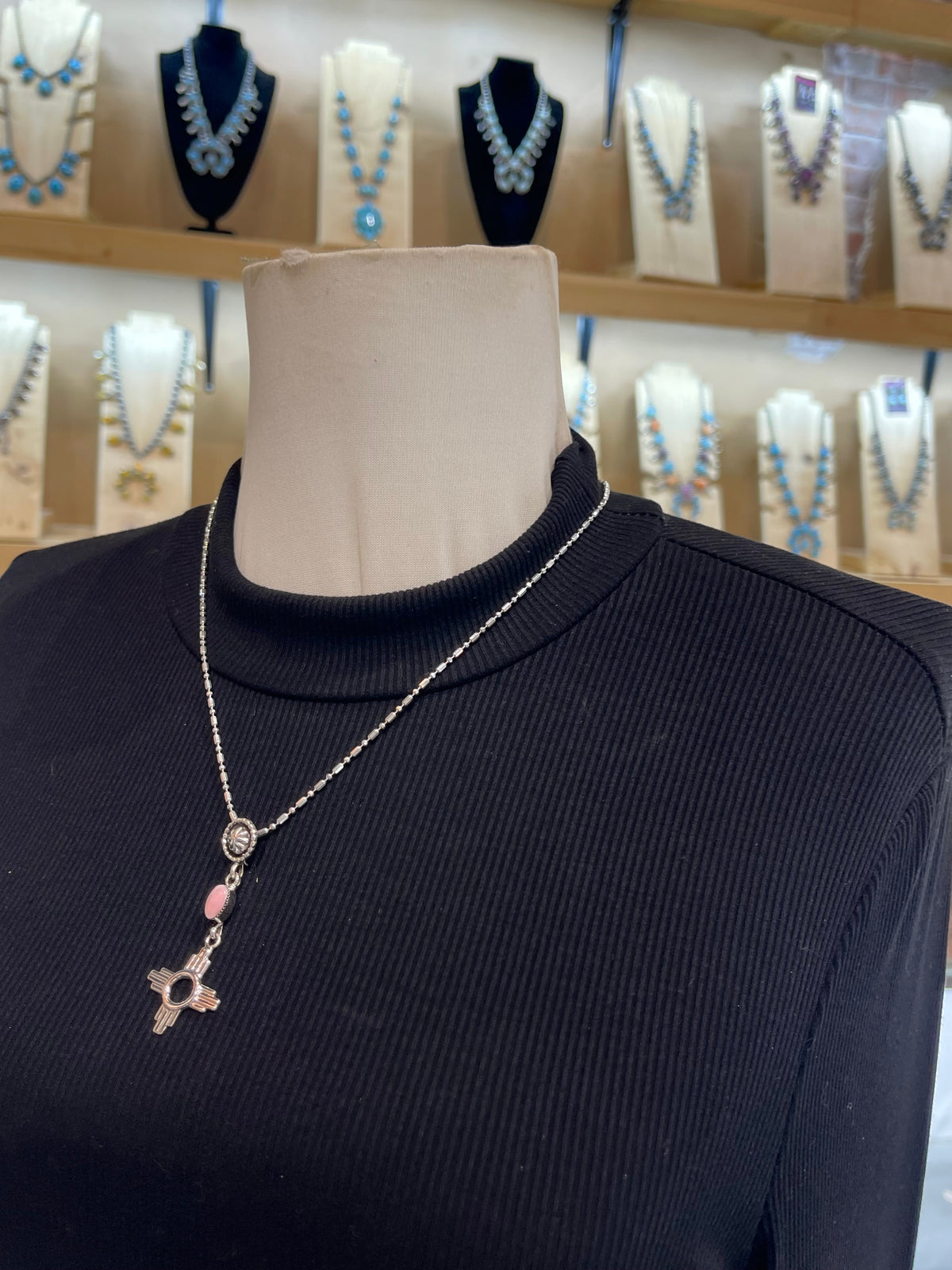 20" 3mm Bale Pink Conch Shell Necklace Zia Symbol Pendant by Jerome Lee, Navajo Shepherds Hook Bale