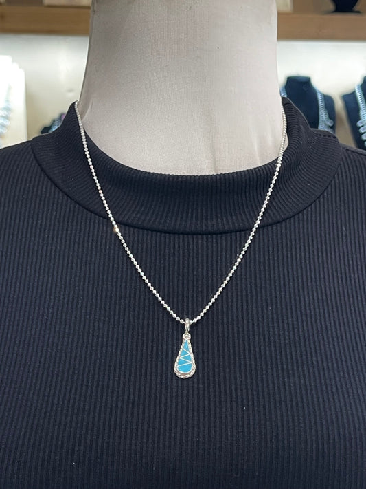 20” 2mm Chain Turquoise Teardrop Inlay Pendant by Vanessa Hattie, Zuni