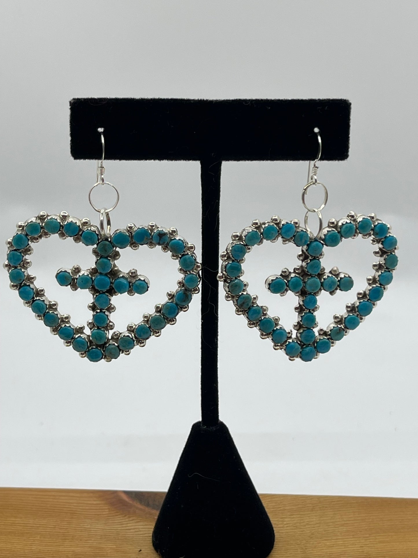 Turquoise Heart With Cross Dangle Earrings by Marlon Quam, Zuni
