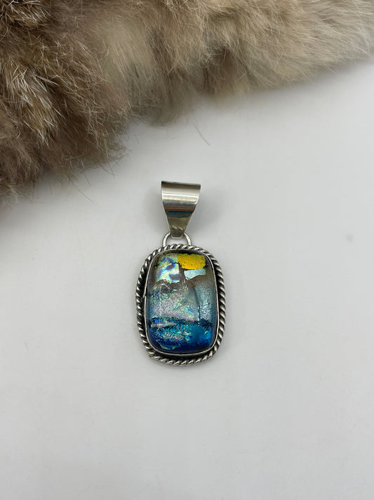 10mm Bale Dichroic Glass Pendant Stamped Silver