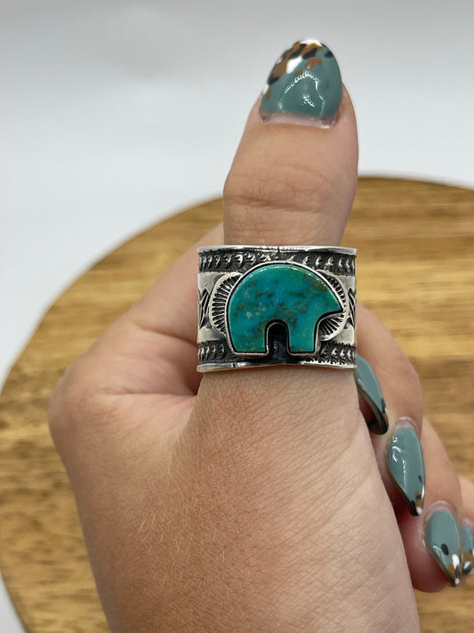 10.0 Turquoise Bear Stamped Ring by Sunshine Reeves, Navajo