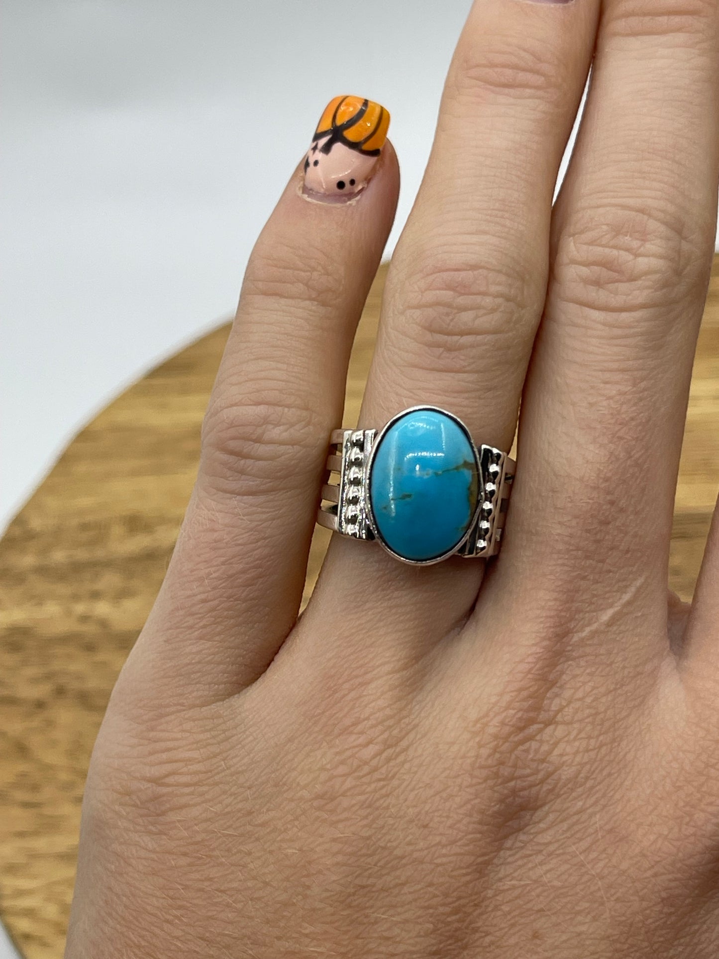 9.0 Turquoise 3 Row Band Ring by Thomas Yazzie, Navajo