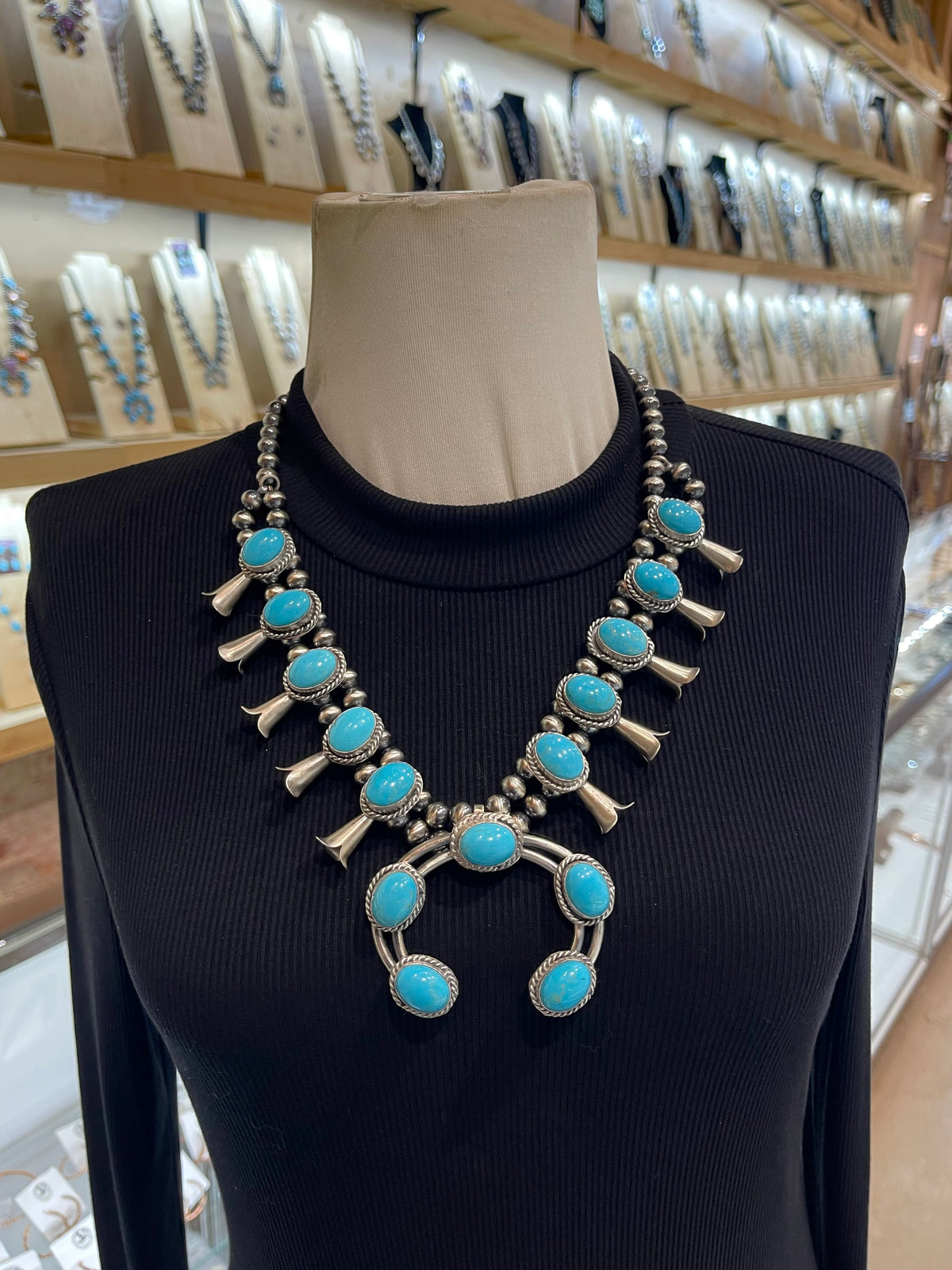22" Sleeping Beauty Turquoise Squash Blossom Necklace by Gilbert Nez, Navajo