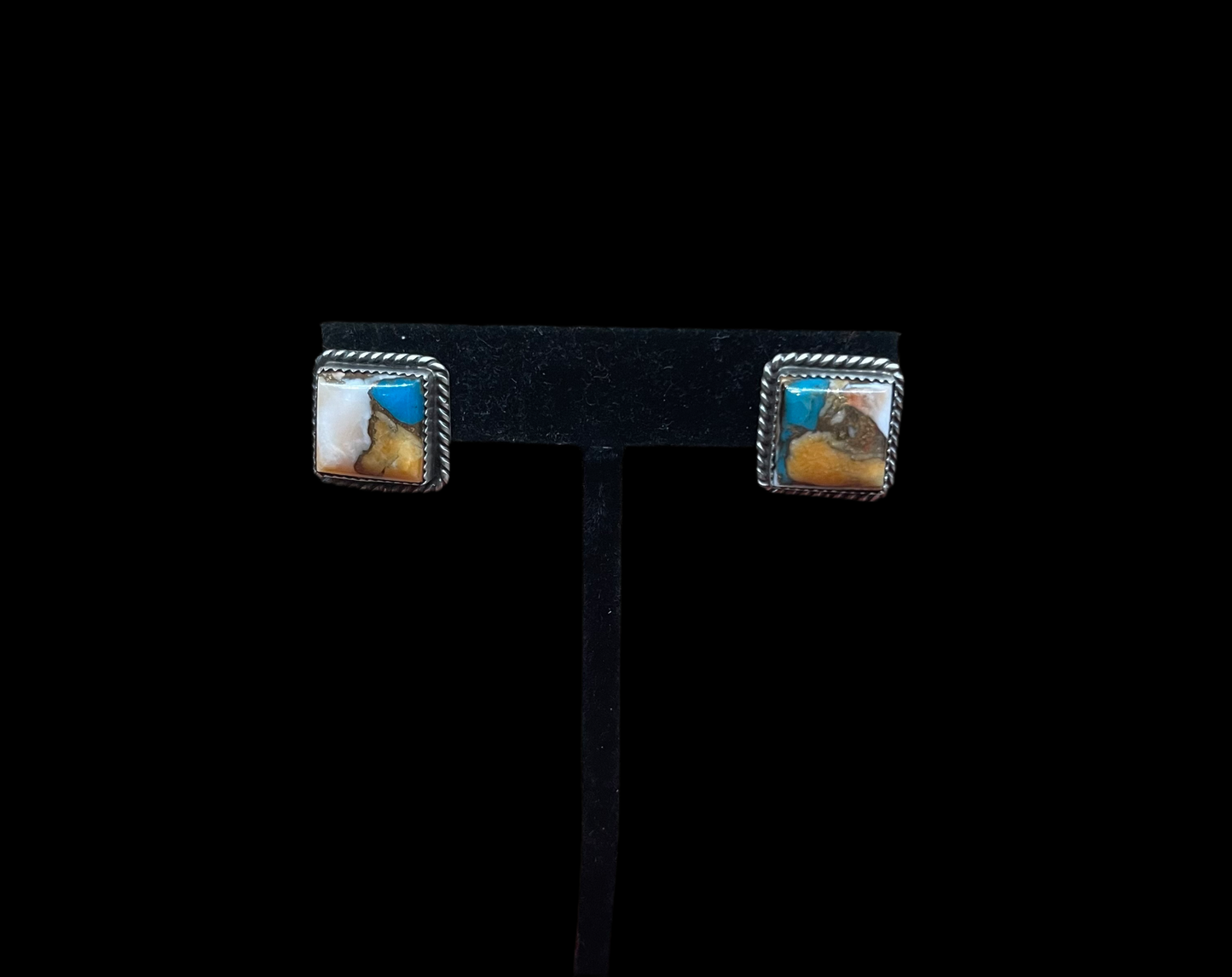 Spiny Turquoise Square Post Earrings by Judith Dixon, Navajo