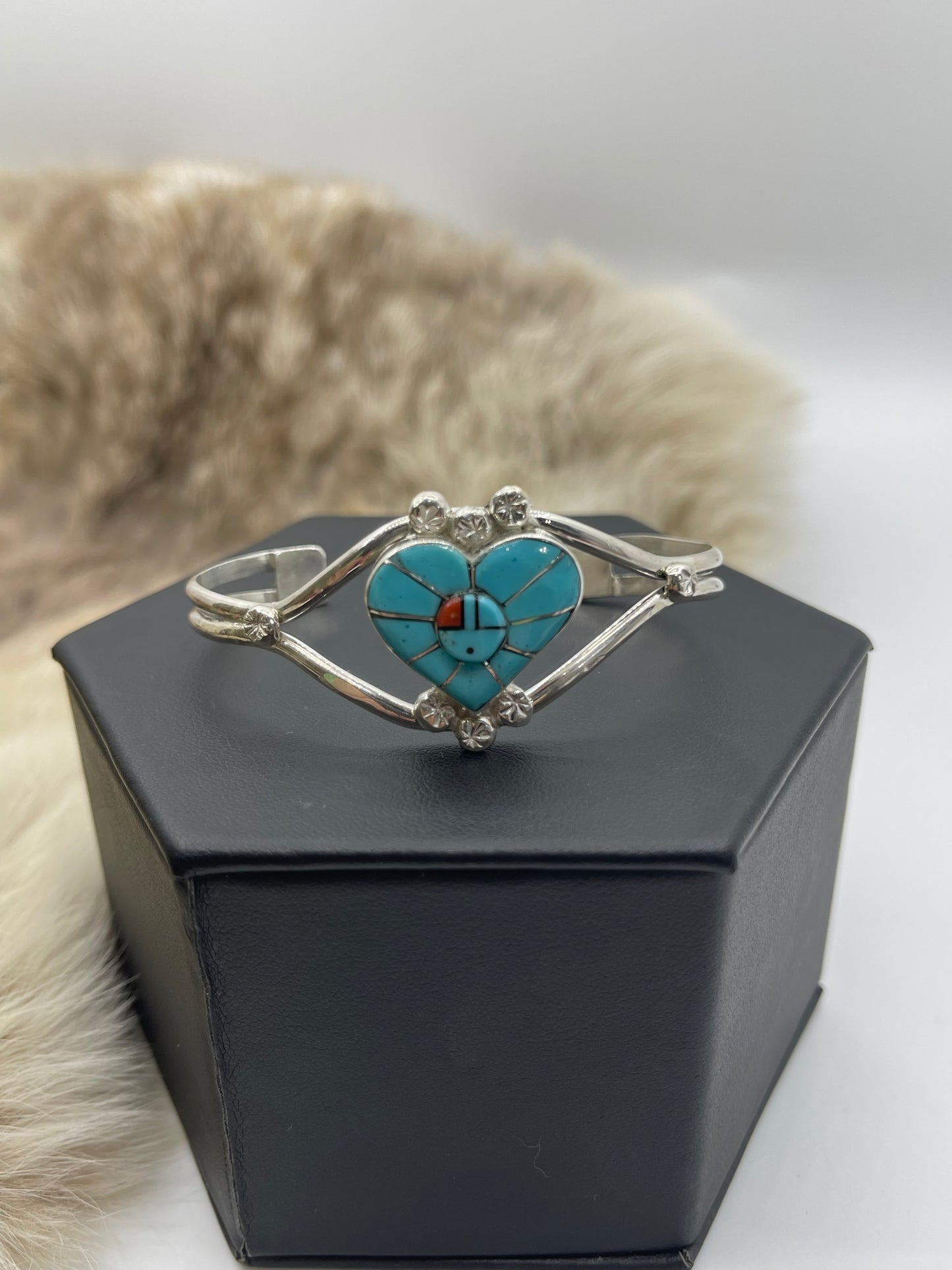 Turquoise Inlaid Heart with Zuni Sunface Cuff