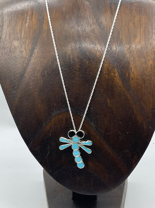 18" Turquoise Dragonfly Pendant/Pin Combo Necklace by Emma Edaakie, Zuni