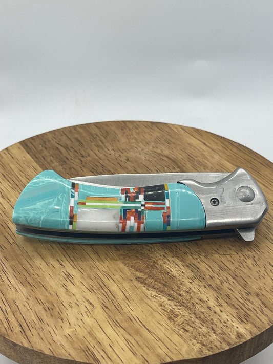 Multi Stone Inlay Trapper Style Knife with Clip