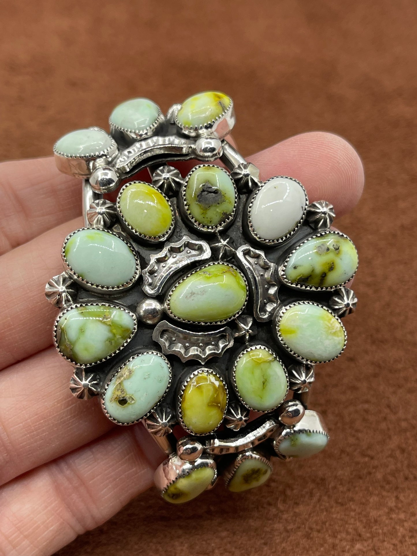 5 3/4"-7 1/4" Palomino Turquoise Cluster Cuff by Larson Lee, Navajo