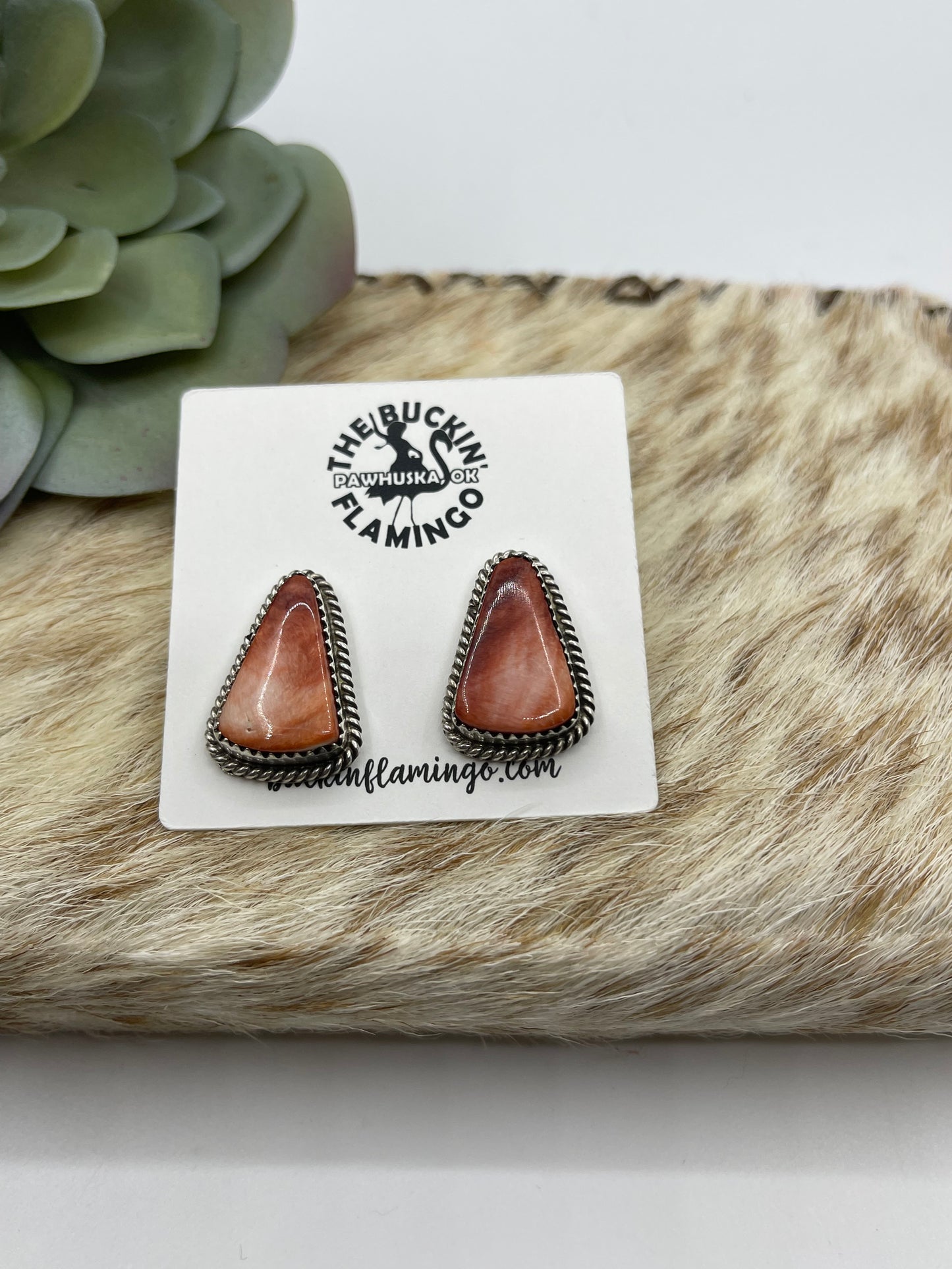 Orange Spiny Oyster Sell Triangle Post Earrings by Virginia Becenti, Navajo