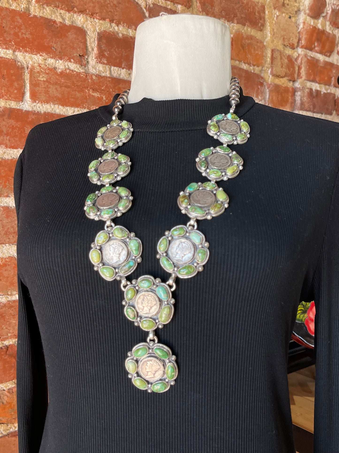 Sonoran Gold Turquoise Cluster Lariat with Silver Mercury Dimes