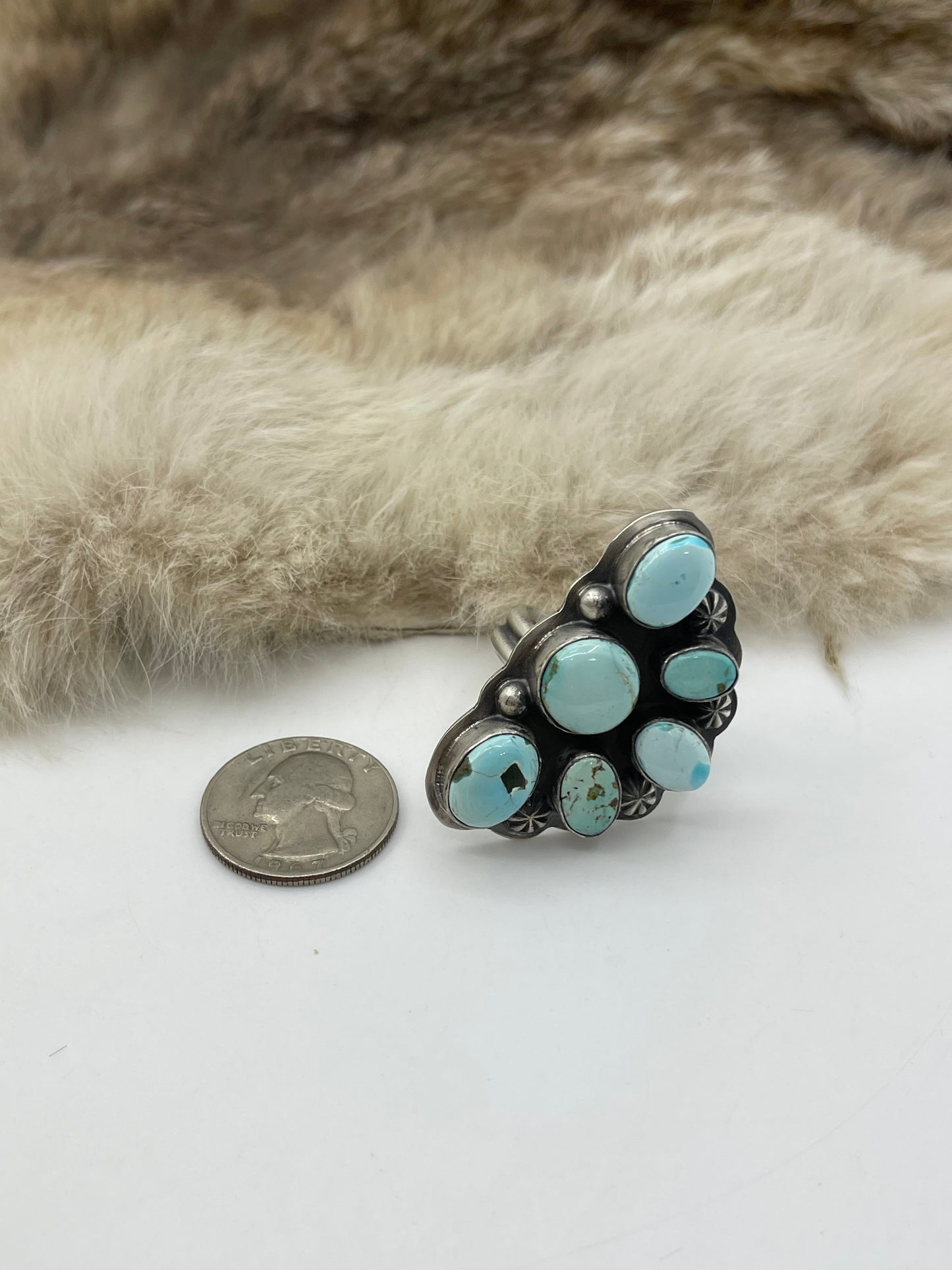 Adjustable Ring 7.0-11.0 Dry Creek Turquoise Half Cluster by Gabby Jurado, Mexican