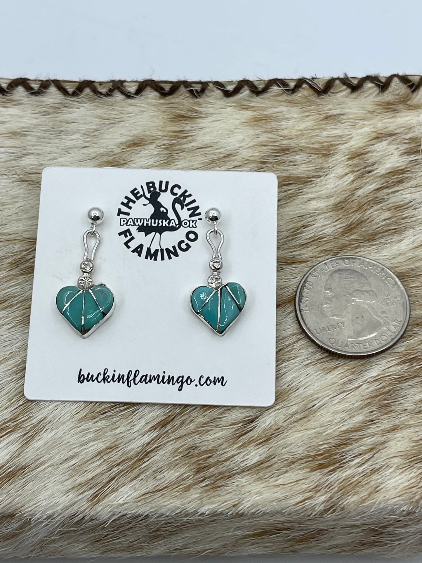 Inlaid Heart Post Dangle Earrings, Zuni