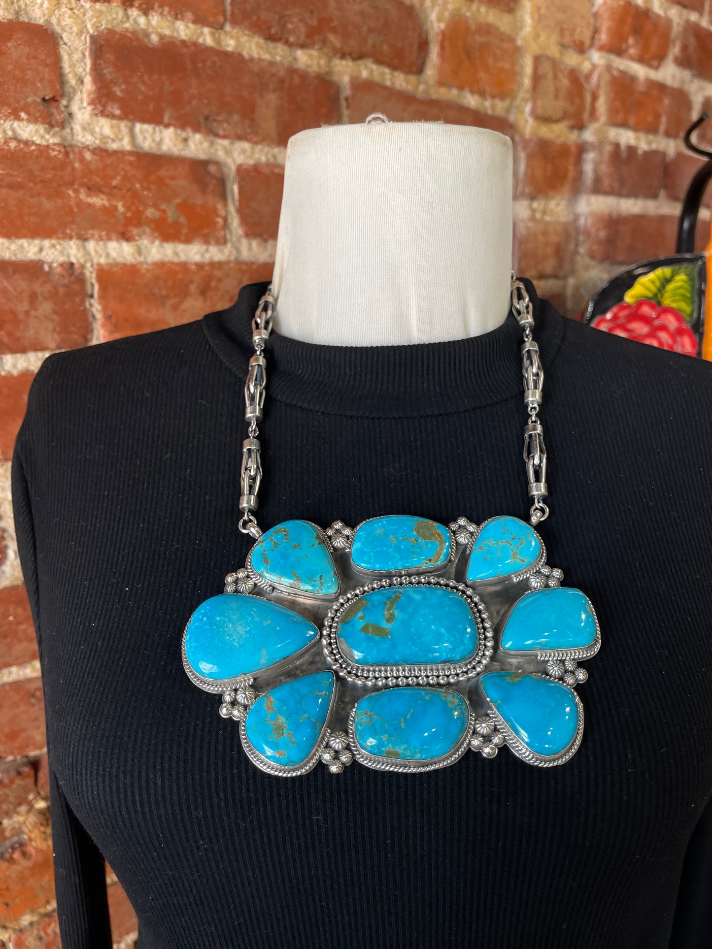 Giant 18" 9 Stone Kingman Turquoise Cluster Necklace by Gilbert Platero, Navajo