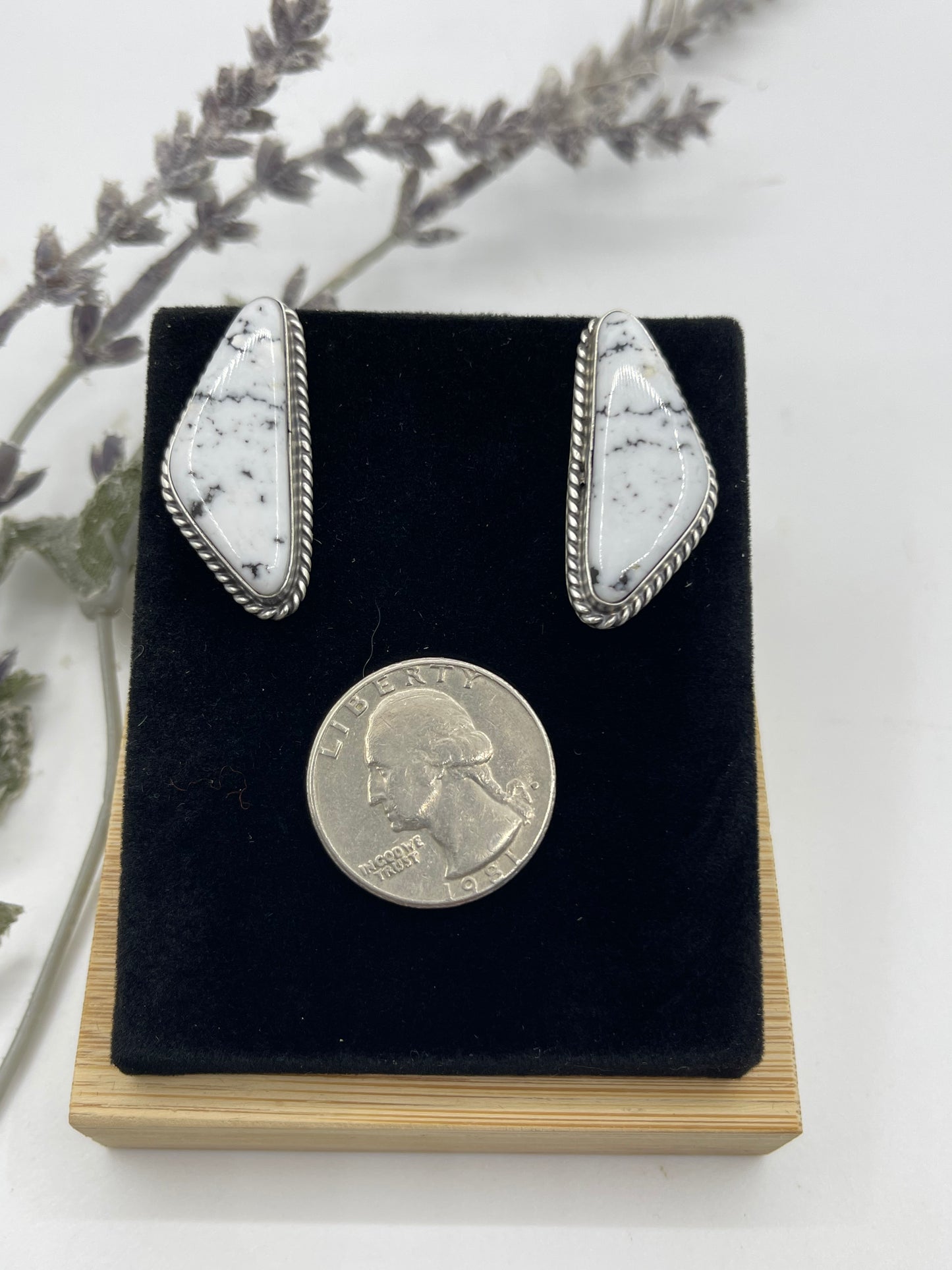 White Buffalo Triangle Post Dangle Earrings by Elouise Kee, Navajo