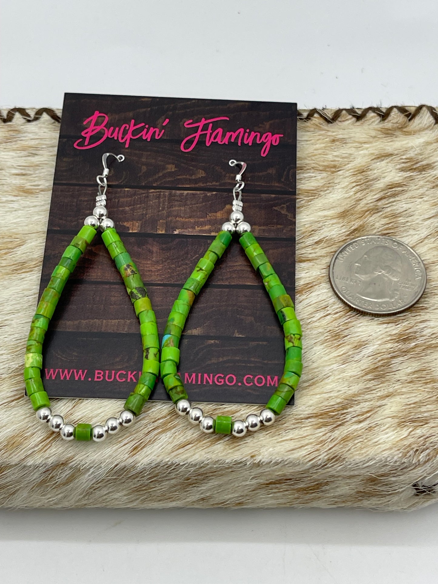 Beaded Green Mohave and Silver Teardrop Dangle Earrings by Grace Kenneth, Navajo