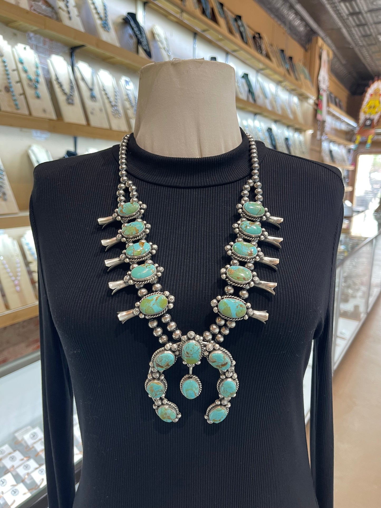 26" Kingman Turquoise Squash Blossom + 4” Naja & Earrings by Augustine Largo, Navajo