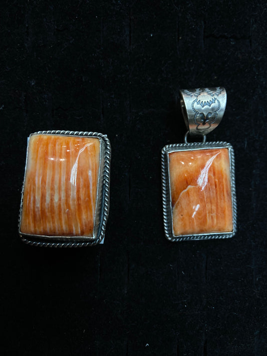 11.0 Orange Spiny Oyster Ring and 12mm Bale Pendant Set by Begay, Navajo