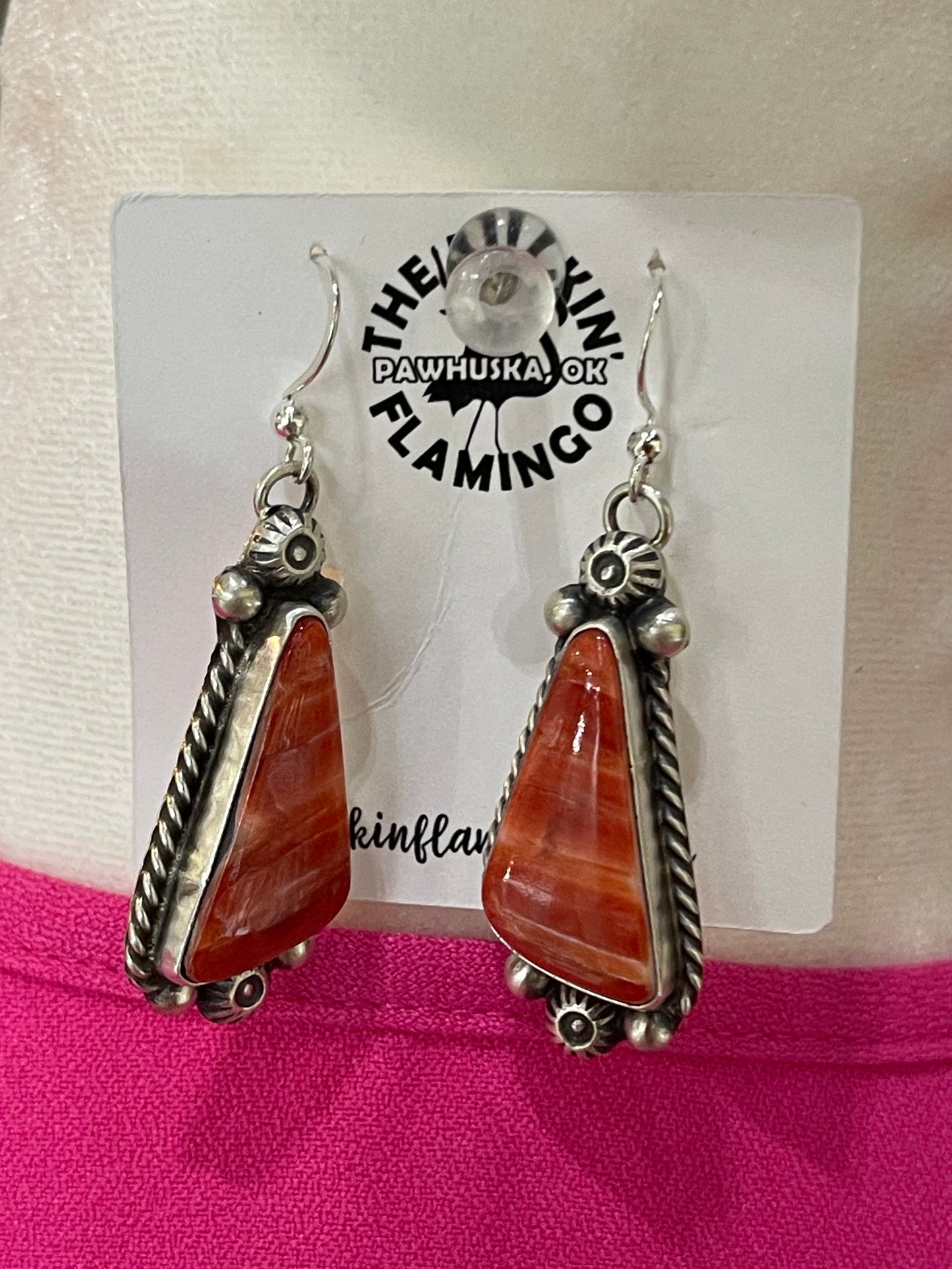 20"+3 1/2" Red Spiny Oyster Shell Lariat Necklace and Dangle Earrings Set by Augustine Largo, Navajo
