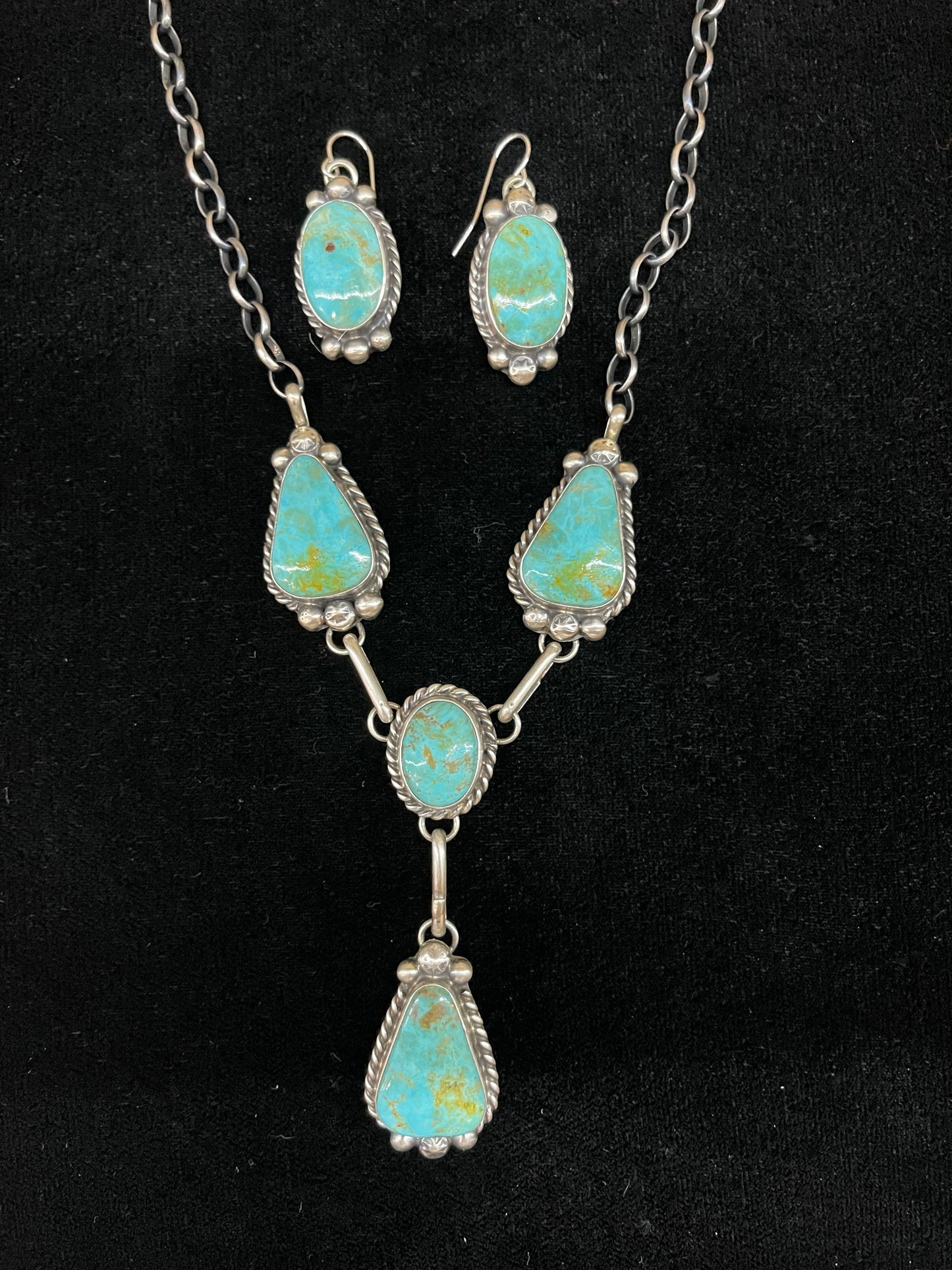 Kingman Turquoise Lariat Style Necklace with Oval Dangle Earrings by Augustine Largo, Navajo