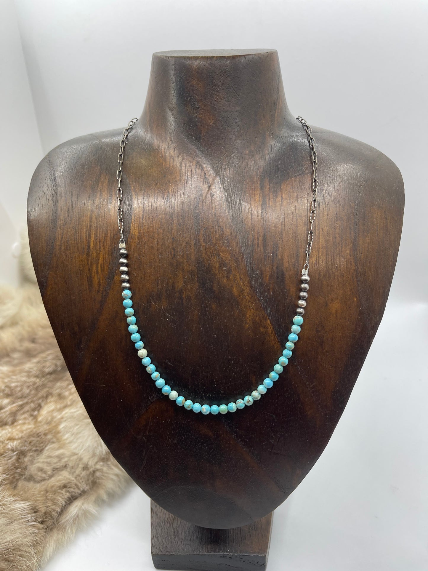 18" 4mm Navajo Style Pearls with Turquoise Beads Chain Link Necklace