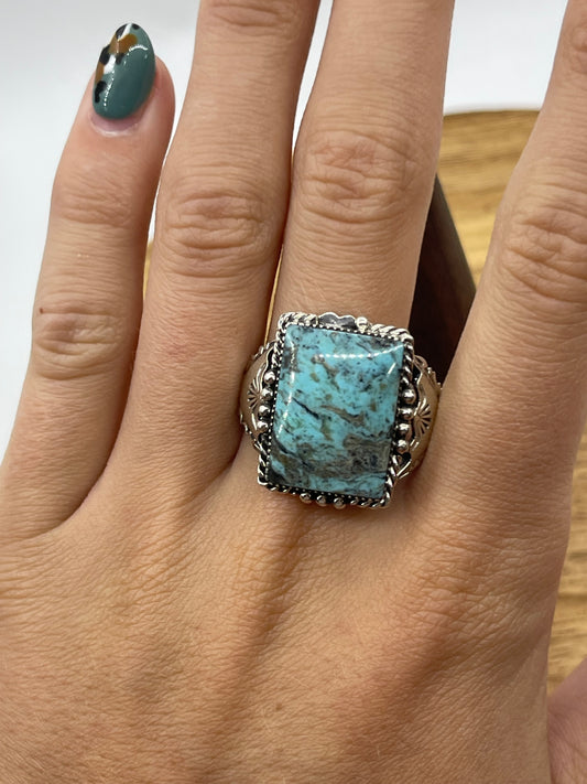 10.0 Rectangle Kingman Turquoise Ring by Gregg Yazzie, Navajo
