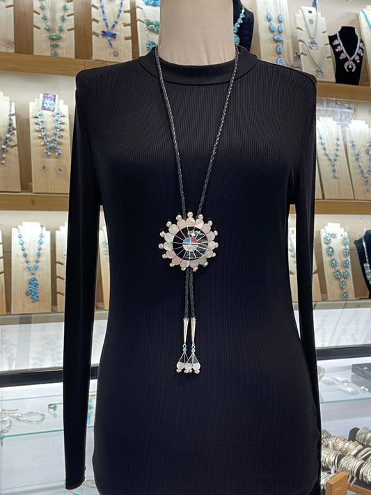 Inlay Zuni Sunface Bolo Tie by Pauline Lonjose, Zuni