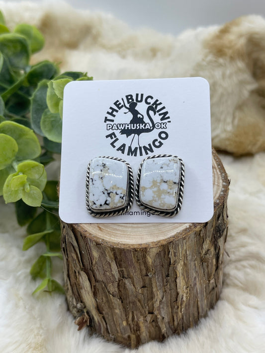 Square White Buffalo Earrings By Elouise Kee, Navajo