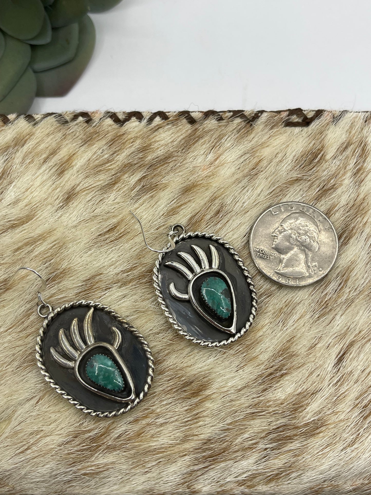 Turquoise Bear Claw Dangle Earrings by Jimson Belin, Navajo