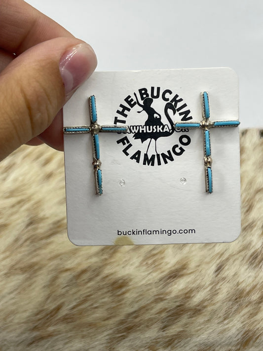 Sleeping Beauty Turquoise Cross Post Earrings by Ashley Laate, Zuni