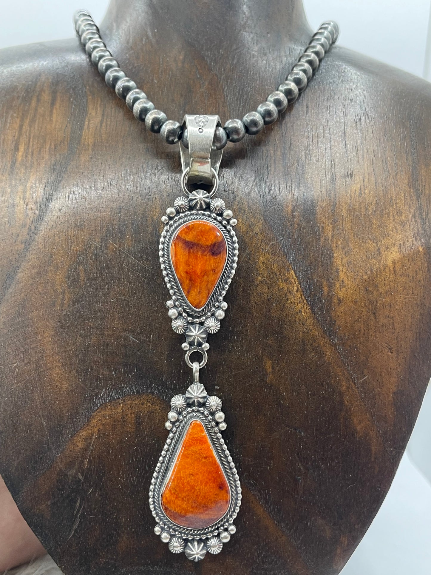 2 Stone Orange Spiny Oyster Pendant on 20" 7mm Navajo Style Pearls by Tom Lewis, Navajo
