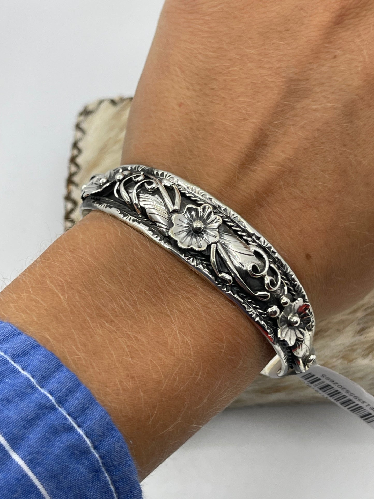 5 3/4"-7" Sterling Silver Floral Cuff by Bessie Joe, Navajo