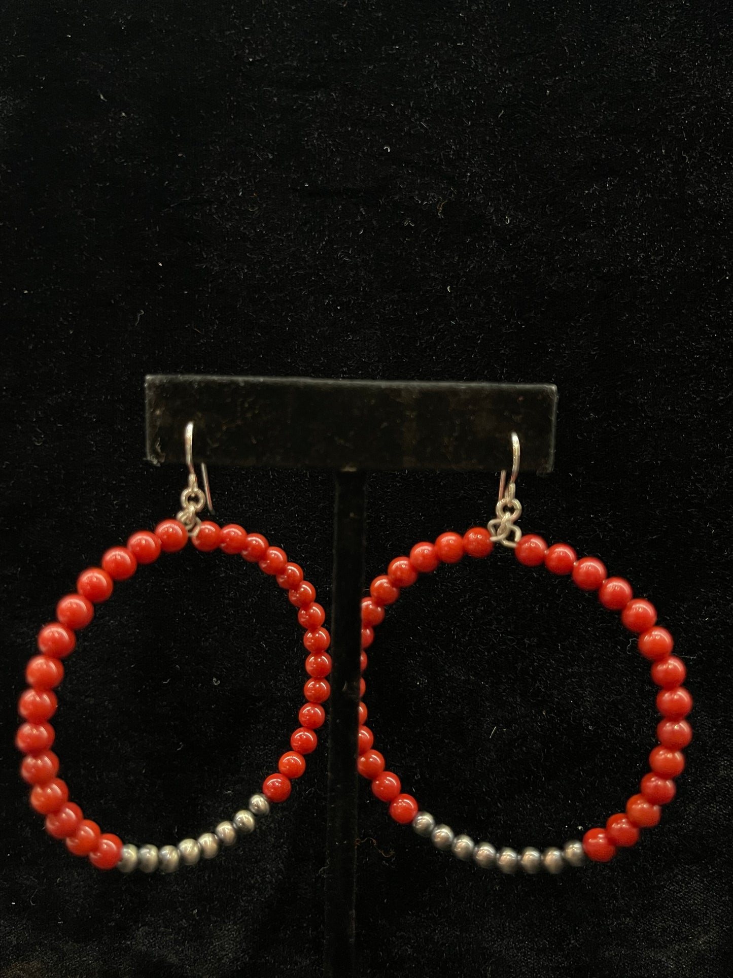 Red Coral and 4mm Navajo Pearl Hoop Dangle Earrings