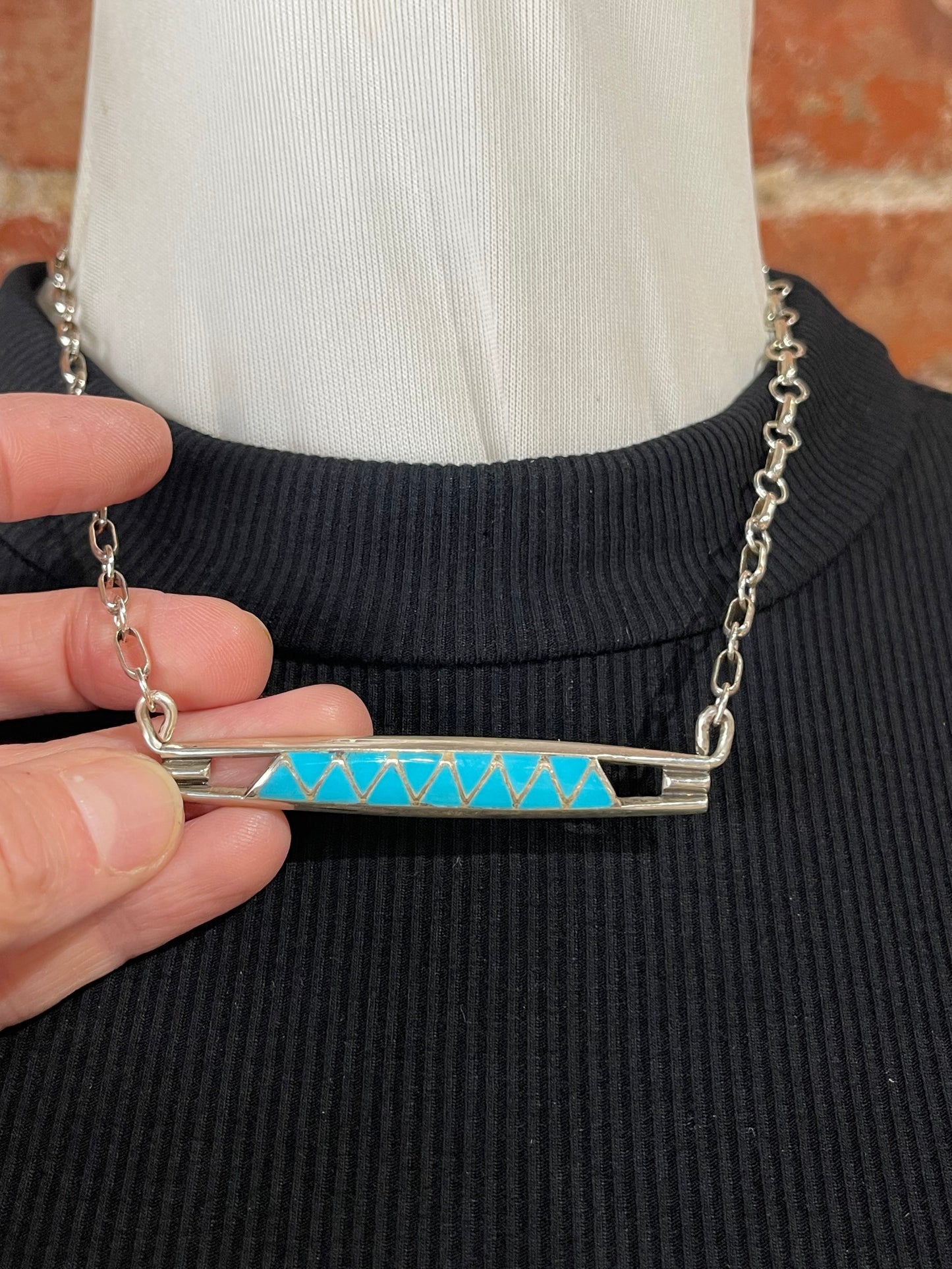 16" Zuni Inlay Bar Necklace by Leonard Koinoa, Zuni