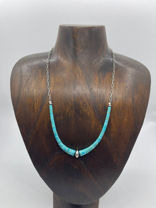 17" Graduated Turquoise Heishi Bead with Navajo Style Pearl Necklace on Paperclip Chain
